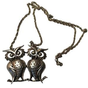 Vintage Retro Pair of Owls with Branch on Chain Necklace